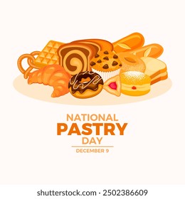 National Pastry Day poster illustration. Sweet and salty pastries still life drawing. Bakery and pastry products icon set. Template for background, banner, card. December 9 every year - Powered by Shutterstock