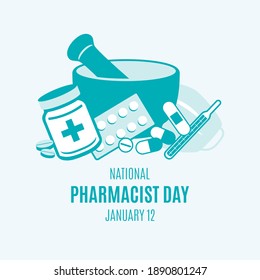 National Pharmacist Day Illustration. Pile Of Drugs In Pharmacy Icon Set. Mortar And Various Drugs Icon. Pharmacist Day Poster, January 12. Important Day