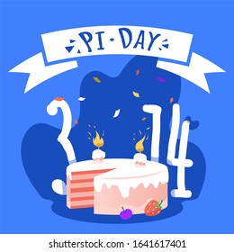 National Pi Day Square Banner Template. Pi Pie For Mathematicians With Birthday Candle On It, 3,14 Numbers And Confetti. Annual Celebration Of The Mathematical Constant Pi On March 14.