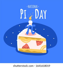 National Pi Day Square Banner Template. Annual Celebration Of The Mathematical Constant Pi On March 14. Piece Of Pi Pie With Strawberries And Birthday Candle On It. Math And Mathematicians Holiday