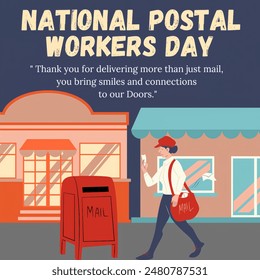 National Postal workers Day thanking illustration with mail box and postal worker wearing mailing bag and two shops on background as shops on the street. - Powered by Shutterstock