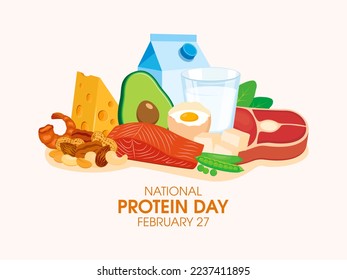 National Protein Day illustration. Meat, milk, cheese, nuts and other proteins still life illustration. Pile of fresh healthy foods graphic design element. February 27 every year. Important day - Powered by Shutterstock