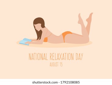 National Relaxation Day illustration. Girl is lying on a beach and reading a book icon. Young woman in bikini icon. Summertime woman lying on her stomach illustration. Relaxation Day Poster, August 15 - Powered by Shutterstock