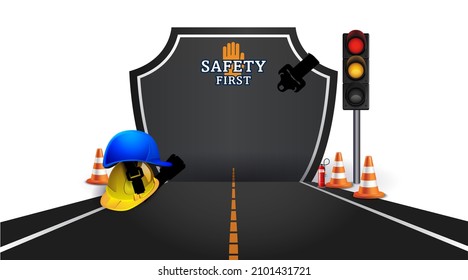 National Road Safety day Week. Safety first concept. Road with traffic light, helmets, seat belt - Powered by Shutterstock