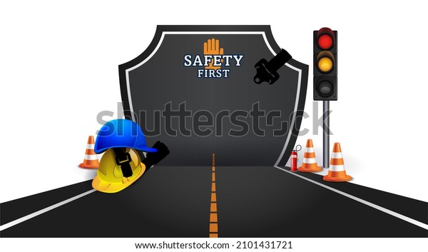 National Road Safety day Week.\
Safety first concept. Road with traffic light, helmets, seat\
belt