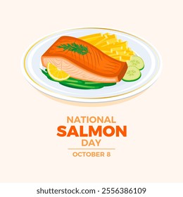 National Salmon Day poster illustration. Salmon steak meat with french fries and vegetable garnish icon. Grilled salmon on a plate drawing. October 8 every year. Important day - Powered by Shutterstock