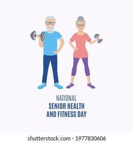 National Senior Health And Fitness Day Illustration. Happy Senior Couple Exercising With Dumbbells Illustration. Elderly People Doing Sport Icons. Training Couple Of Seniors Icon. Important Day