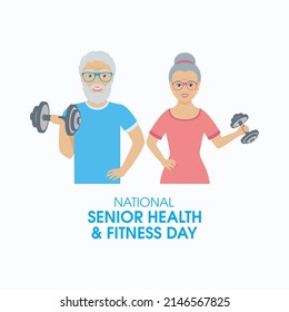 National Senior Health And Fitness Day Illustration. Happy Senior Couple Exercising With Dumbbells Icon. Elderly People Doing Sport Icons. Training Couple Of Seniors Illustration. Important Day