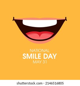 National Smile Day Greeting Card With Big Smile Illustration. Smiling Mouth Icon Isolated On A Yellow Background. Smile Day Poster, May 31. Important Day