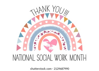 National Social Work Month Greeting Banner. Cute Rainbow, Text 