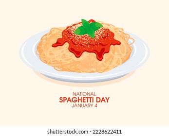 National Spaghetti Day illustration. Plate of spaghetti with tomato sauce, cheese and basil leaf icon. January 4. Important day - Powered by Shutterstock