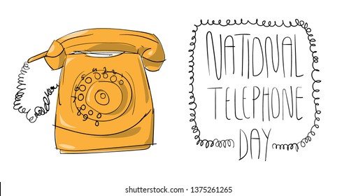 National Telephone Day. Hand drawn retro telephone. Cute, red, cartoon illustration. Hand writing typography. - Powered by Shutterstock