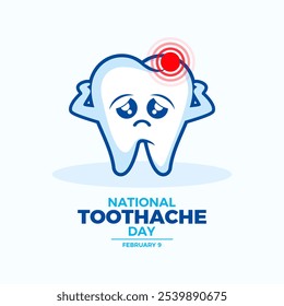 National Toothache Day poster illustration. Sad tooth with pain icon. Unhappy decayed tooth cartoon character. Template for background, banner, card. February 9 every year. Important day - Powered by Shutterstock