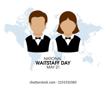 Ilustración del Día Nacional del Personal de Waitstaff. Vártaro de camarera y camarera con traje con un icono de corbata de arco. Afiche del Día del Personal de Campaña, 21 de mayo. Día importante