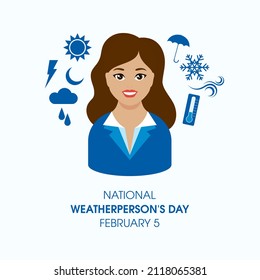 National Weatherperson's Day Poster With Meteorologist Woman. Beautiful Woman Forecasting The Weather Illustration. Weather Blue Icon Set. Weatherperson's Day Poster, February 5. Important Day