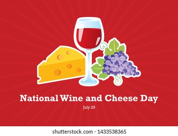 National Wine and Cheese Day illustration. Red wine and cheese icon. Still life with wine, grapes and cheese. National Wine and Cheese Day Poster, July 25. Important day - Powered by Shutterstock