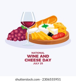 National Wine and Cheese Day illustration. Glass of red wine, cheese platter, baguette and grapes icon. Delicatessen on a wooden cutting board drawing. July 25 every year. Important day - Powered by Shutterstock