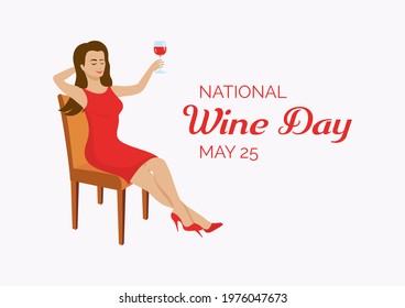 National Wine Day illustration. Happy woman with a glass of wine icon. Relaxing woman sitting on a chair and drinking red wine illustration. Wine Day Poster, May 25. Important day - Powered by Shutterstock