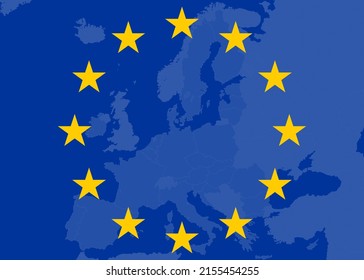 The nations of the European Union on a map (as of 2022), surrounded by the stars of its flag, with the blue background.
