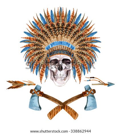 Native American Headdress. Feathered war bonnet with skull. Watercolor skull in indian war bonnet. Hand painted illustration