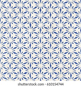 Native batik watercolor artistic blue and white pattern. Ethnic boho style. Seamless hand drawn tribal square texture.