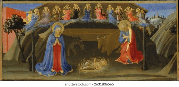 The Nativity, attributed to Zanobi Strozzi. Old renaissance painting, classical artwork. Painting from the renaissance, vintage illustration.