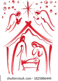 Nativity Of Jesus Christ, Nativity Scene, Baby In A Manger, Mary And Joseph, Angels And The Star Of Bethlehem. Abstract Christian Postcard,
Contemporary Catholic Art, Protestant Christmas Illustration