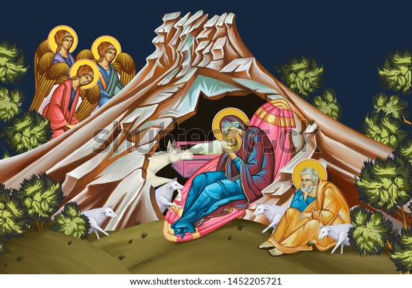 The nativity of Jesus. Christmas religious illustration - fresco in Byzantine style 
