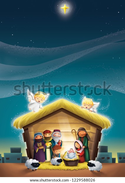 La Escena De La Natividad Nacimiento De Jesucristo En Un Pesebre Con Sus Padres Tres Reyes 