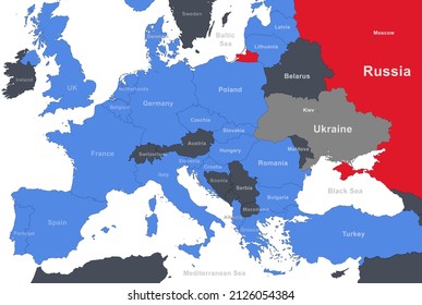 NATO (blue) And Ukraine Vs Russia On Europe Map. Borders Of Belarus, Poland, France, Germany, Turkey And Other On Military-political Map. NATO, European Union, War, Russian Kaliningrad And Crimea