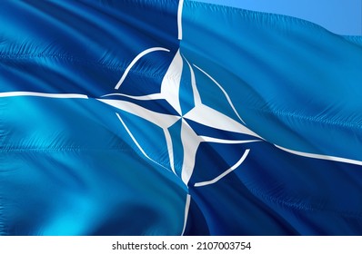 NATO flag. Military Alliance Flag Closeup Full HD 3d flag background, 3d rendering. Realistic North Atlantic Treaty Organization Flag background image waving in wind. -Moscow,4 May 2019