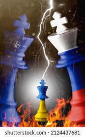 Nato , Ukraine And Russia Flags Paint Over On Chess King. 3D Illustration Nato Vs Russia Crisis.