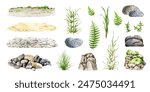 Natural backgrounds and elements painted set. Watercolor illustration. Hand drawn rocky background, rock, stone, fern, grass image collection. Natural landscape element set on white background