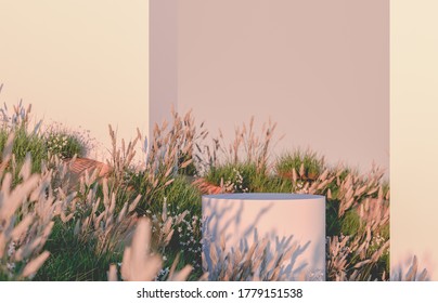 Natural Beauty 3d Podium Backdrop With Wild Flower Grass Field Background.