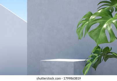 Natural Beauty Podium Backdrop For Cosmetic Product Display With Tropical Palm Leaves. 3d Render.