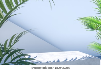 Natural Beauty Podium Backdrop For Cosmetic Product Display With Tropical Palm Leaves. 3d Render.