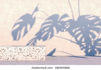 Natural Beauty Podium Backdrop For Cosmetic Product Display With Tropical Palm Leaves. 3d Render.