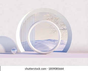 Natural Beauty Podium Backdrop For Cosmetic Product Display. Winter 3d Scene Background.