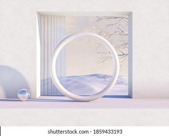 Natural Beauty Podium Backdrop For Cosmetic Product Display. Winter 3d Scene Background.