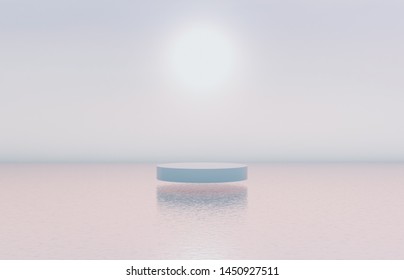 Natural Beauty Podium Backdrop With Cylinder Box For Cosmetic Product Display. Abstract 3d Scene Composition Background. Seascape Background.