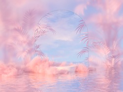 Natural Beauty Podium Backdrop For Product Display With Dreamy Cloud And Arch Frame. Romantic 3d Seascape Scene.