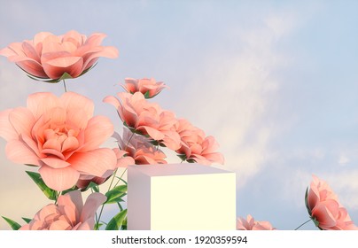 Natural beauty podium backdrop for product display with pink rose flower. 3d render.