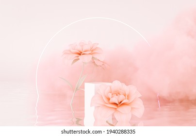 Natural Beauty Podium Backdrop For Product Display With Spring Flower. 3d Rendering.