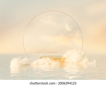 Natural beauty podium backdrop for product display with dreamy cloud and arch frame. Romantic 3d seascape scene.