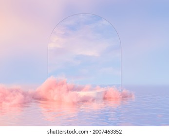 Natural beauty podium backdrop for product display and dreamy cloud   arch frame  Romantic 3d seascape scene 