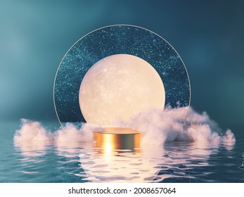 Natural beauty podium backdrop for product display with dreamy cloud and arch frame. 3d seascape Night scene.