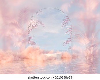 Natural Beauty Podium Backdrop For Product Display With Dreamy Cloud And Arch Frame. Romantic 3d Seascape Scene.