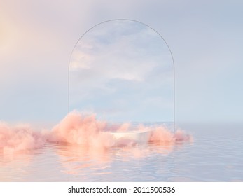 Natural Beauty Podium Backdrop For Product Display With Dreamy Cloud And Arch Frame. Romantic 3d Seascape Scene.