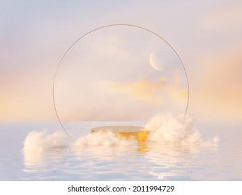 Natural Beauty Podium Backdrop For Product Display With Dreamy Cloud And Arch Frame. Romantic 3d Seascape Scene.