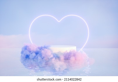 Natural Beauty Podium Backdrop For Product Display With Dreamy Cloud And Neon Light Background. Romantic 3d Seascape Scene.